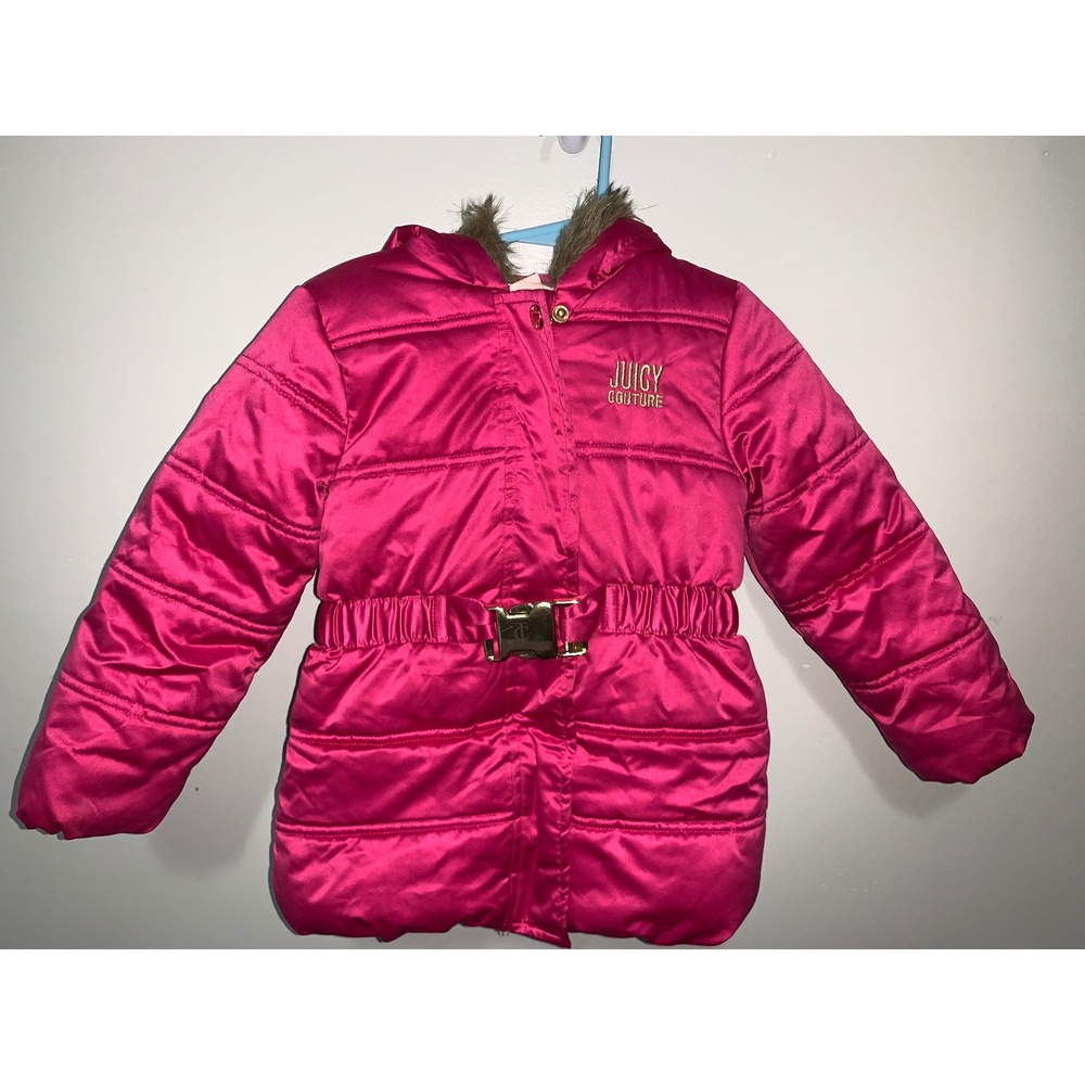 Juicy Couture Girls Hot Pink Puffer Jacket Faux Fur Hood Buckle Belt 3T